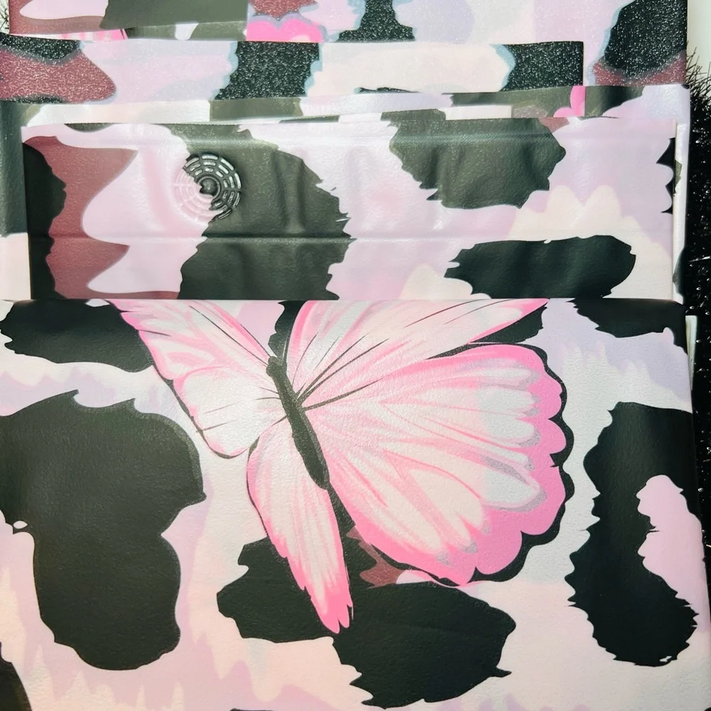 Pink Butterflies and Black Animal Print Peva Shower Curtain Textured